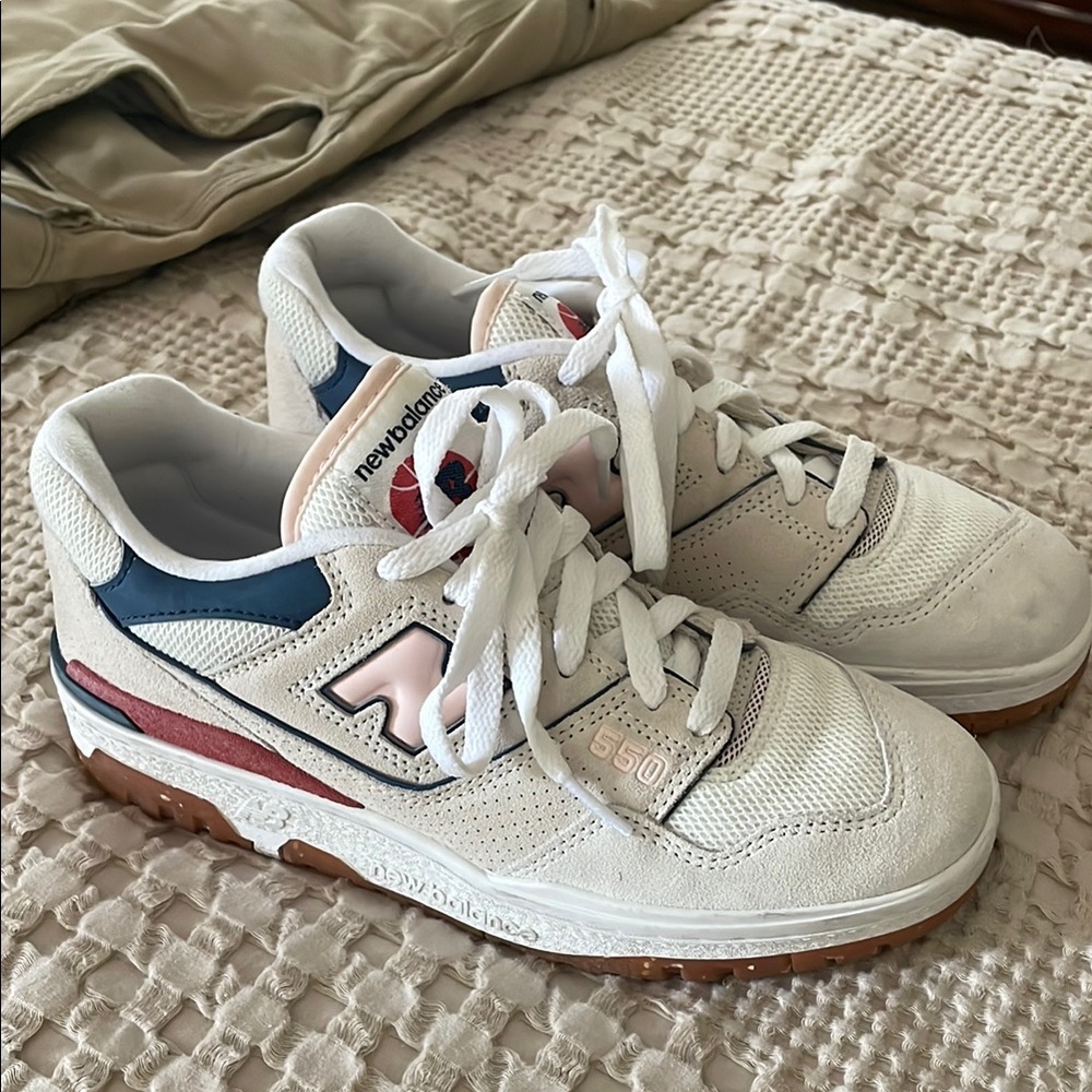 New Balance White and Navy Sneakers with Pink Accents